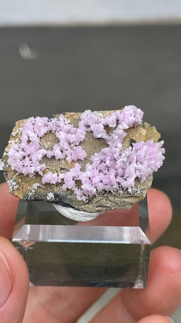 Pale pink aragonite sprays on tan matrix from Yunnan, China, on a stand