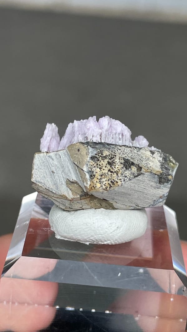 Pink-lilac aragonite crest on grey rock from Yunnan, China, on an acrylic stand, top view