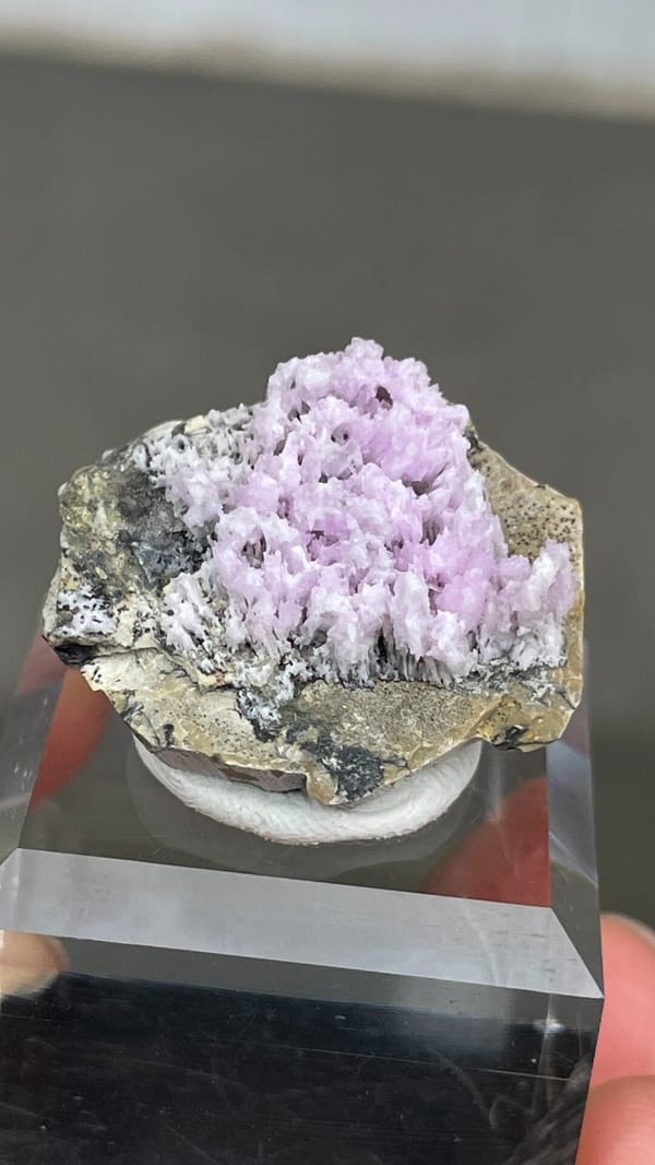 Pink-lilac aragonite crest on grey rock from Yunnan, China, on an acrylic stand, detail of the matrix contact