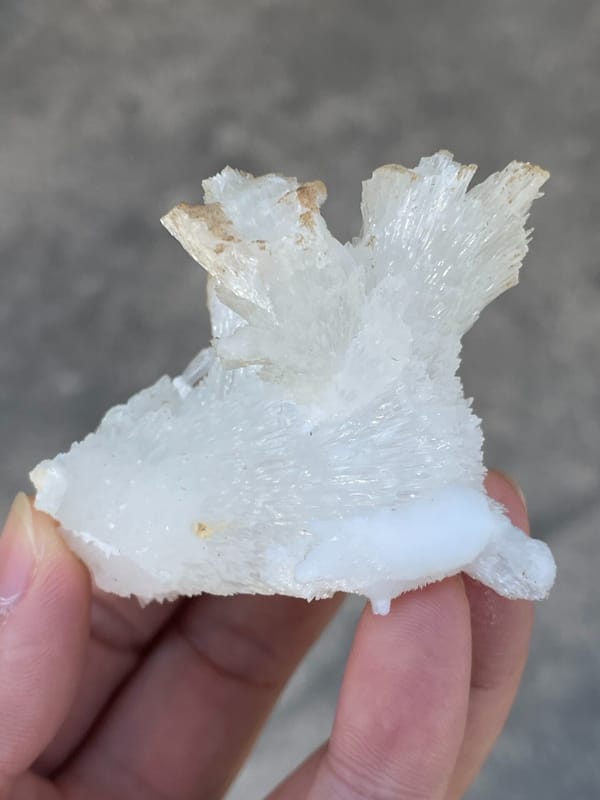 White fibrous aragonite spray from Guizhou, China, side view