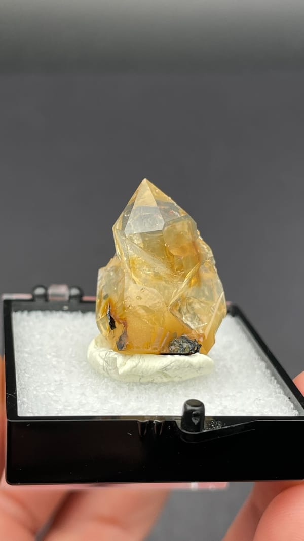 Caramel-brown transparent quartz crystal from Guangdong, China, in a display box, detail of the matrix contact