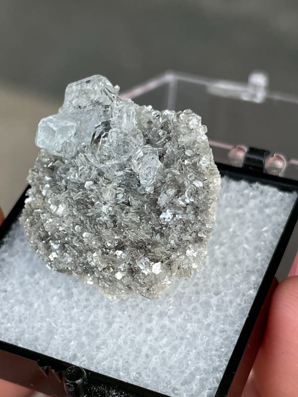 Pale blue aquamarine crystals on a dark mica bed, Xuebaoding, Sichuan, China, reverse side