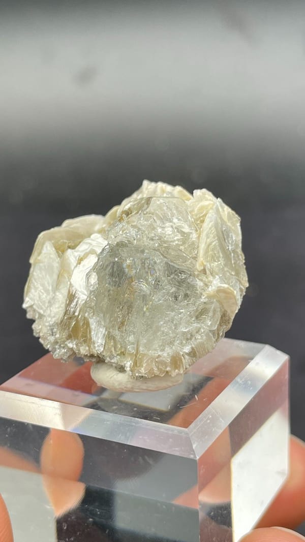 Pale aquamarine among yellow-green mica books, Xuebaoding, Sichuan, China, top view