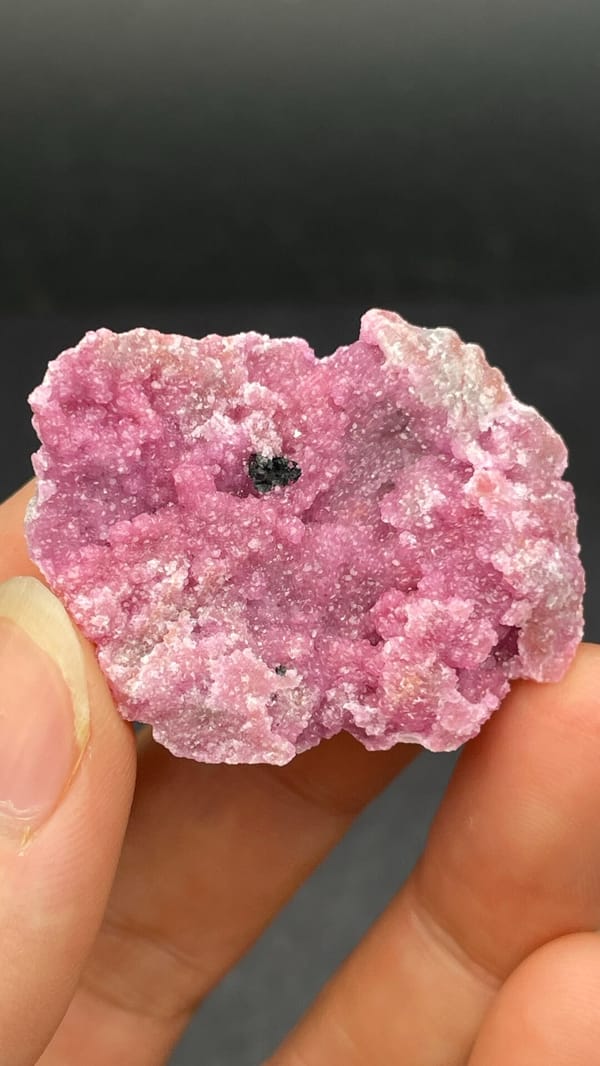 Bright rose-pink cobaltoan calcite crust from DR Congo, close-up of the crystal faces