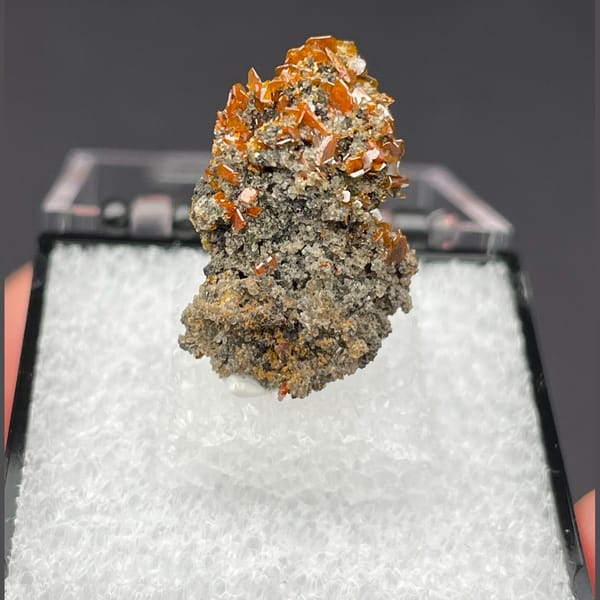 Orange wulfenite tabular crystals from Xinjiang, China, natural mineral specimen, photo 1 of 6