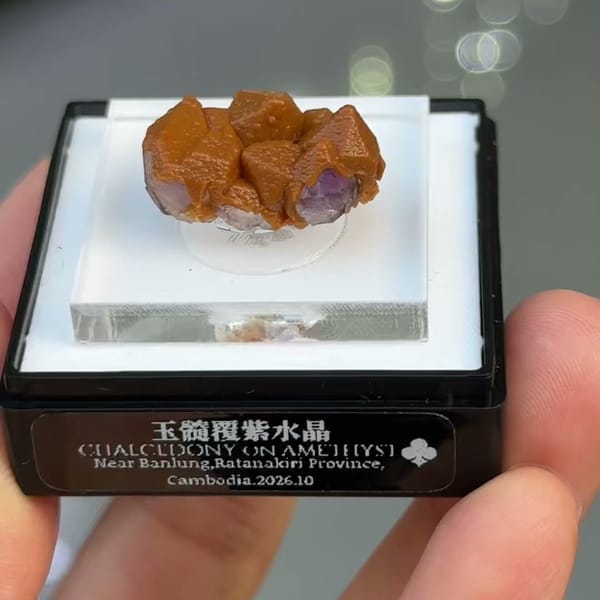 Amethyst points coated in orange chalcedony from Ratanakiri, Cambodia — complete view