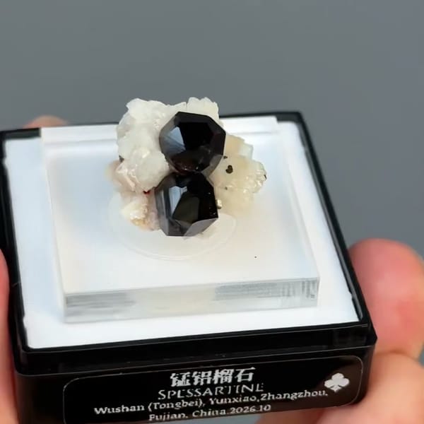 Dark red spessartine garnet crystals on white feldspar from Fujian — complete view