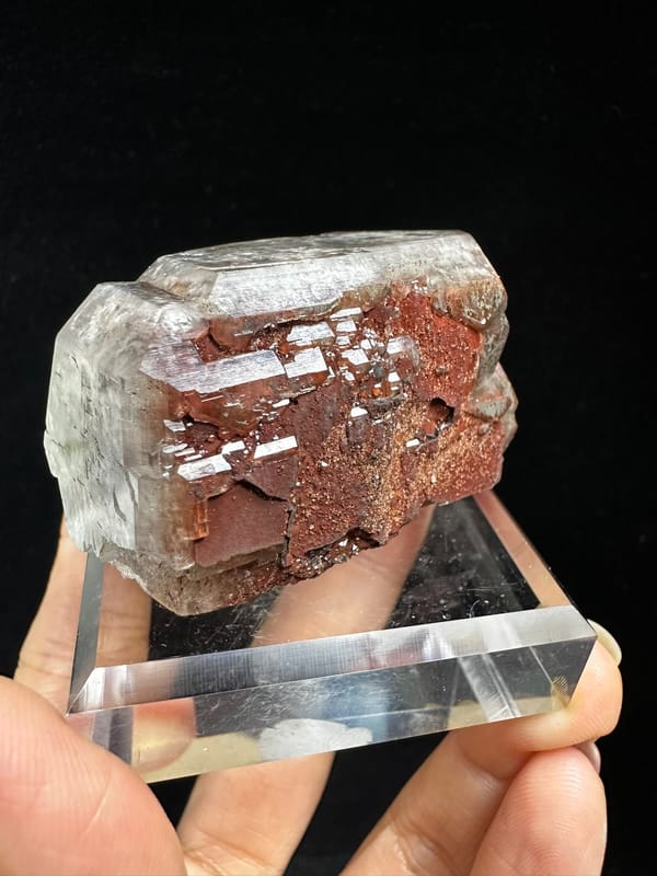 Chocolate-brown calcite with pale translucent edges from Hunan China, specimen view 1