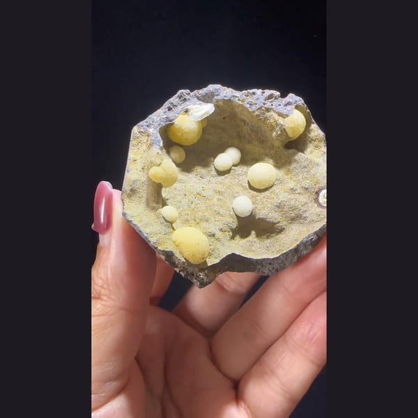 Cream Calcite Spheres in a Zhejiang Cavity — 59 mm - complete view