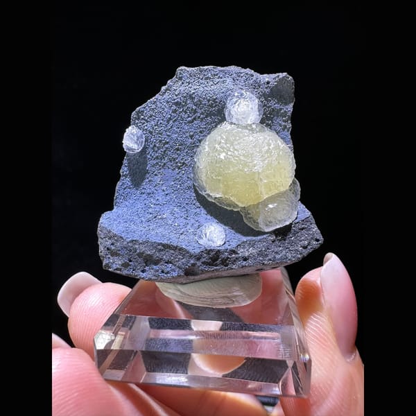 Yellow Calcite Ball on Blue-Gray Matrix - complete view