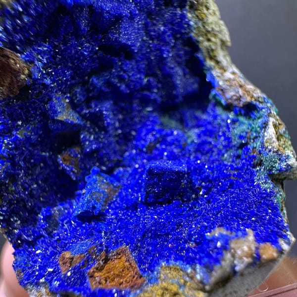 Royal-blue azurite crystals filling a siderite pocket from Yunnan — alternate view