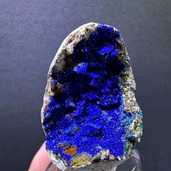 Royal-blue azurite crystals filling a siderite pocket from Yunnan — alternate view