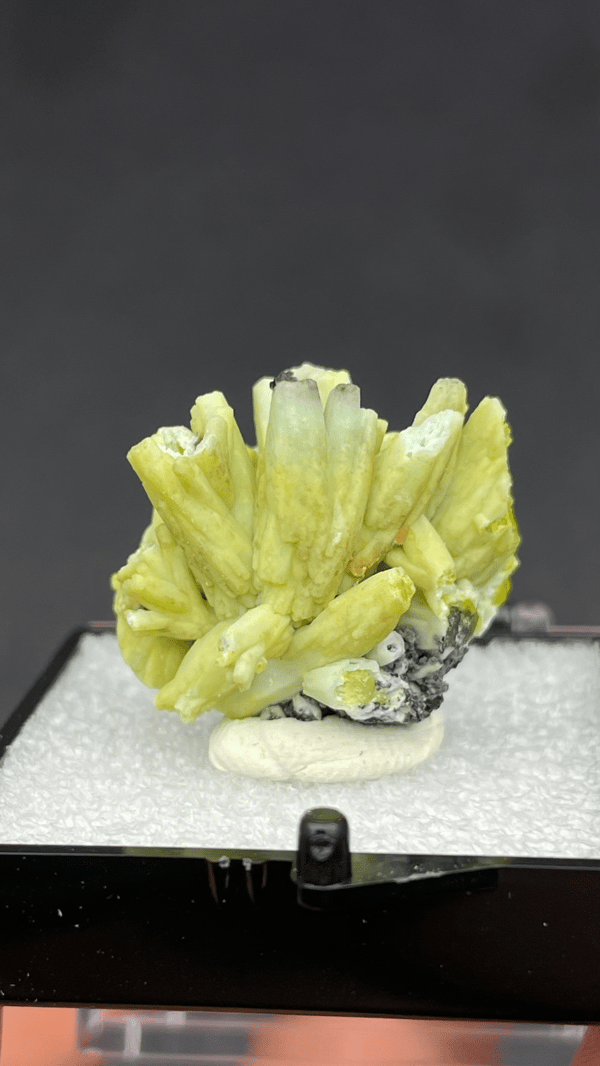 Chartreuse green plumbogummite spray from Guangxi, China, in a perky box