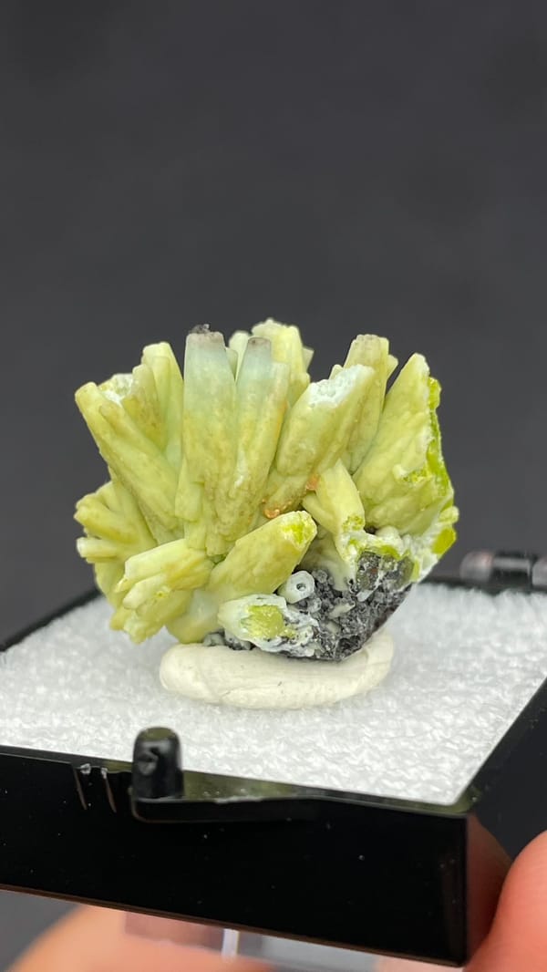 Chartreuse green plumbogummite spray from Guangxi, China, in a perky box, second angle