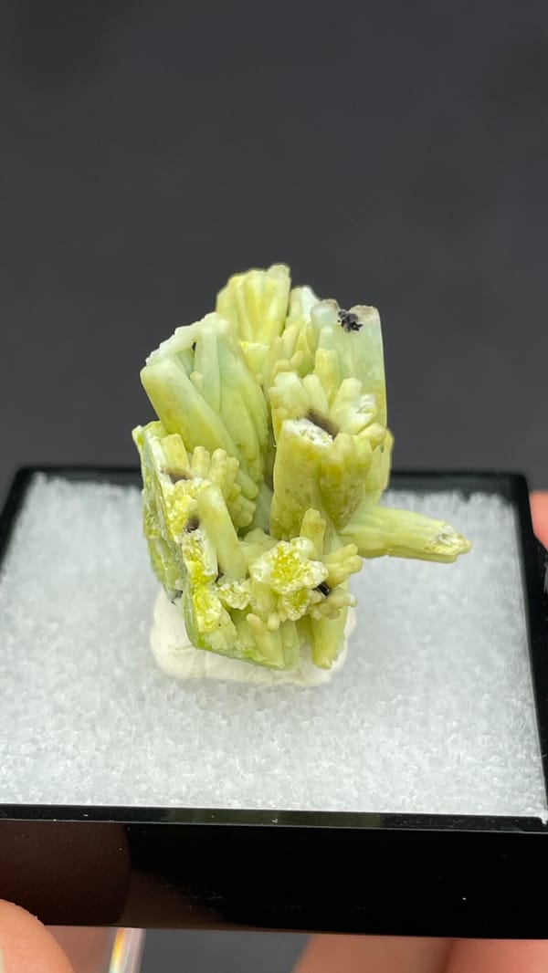 Chartreuse green plumbogummite spray from Guangxi, China, in a perky box, close-up of the crystal faces