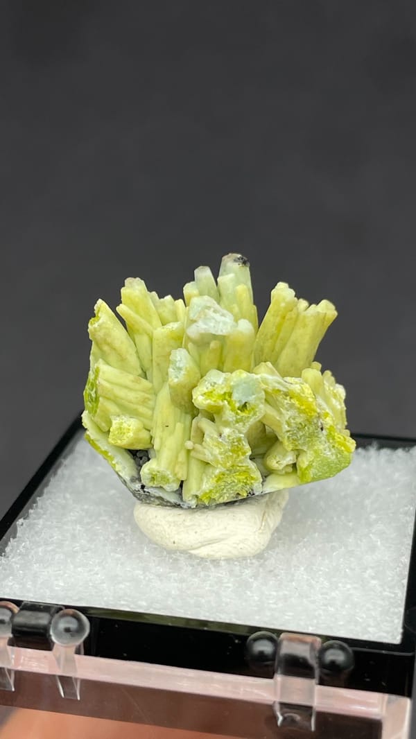 Chartreuse green plumbogummite spray from Guangxi, China, in a perky box, reverse side