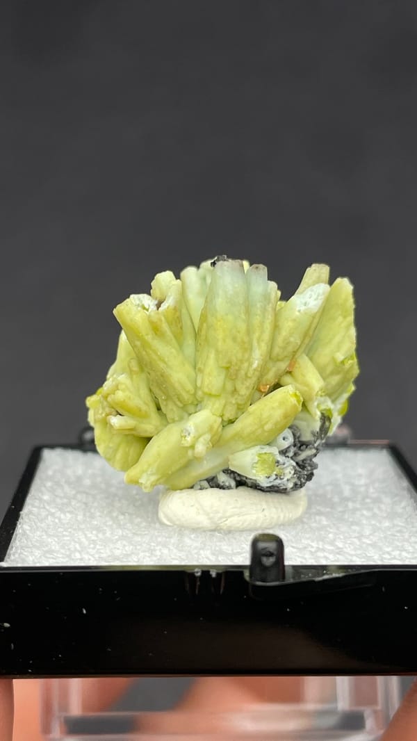 Chartreuse green plumbogummite spray from Guangxi, China, in a perky box, detail of the matrix contact