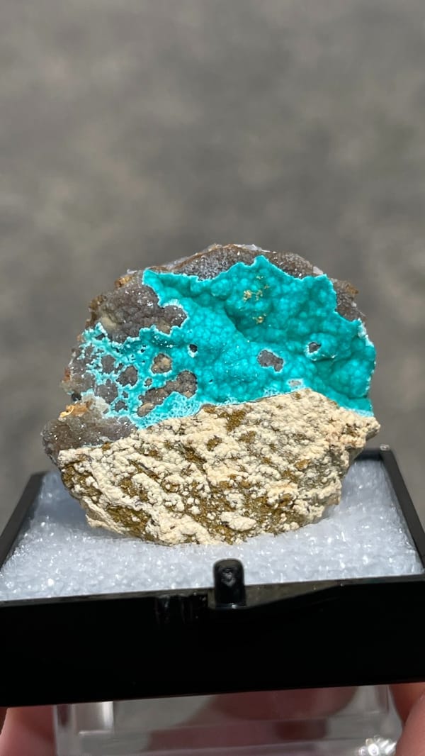 Turquoise copper-zinc carbonate crust on limonite from Yunnan, China, in a perky box, close-up of the crystal faces