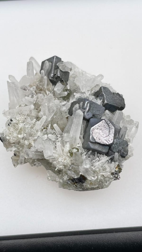 Metallic galena cubes with clear quartz points from Bulgaria, in a display box, second angle