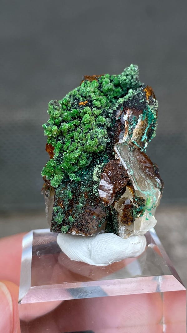 Grass-green conichalcite balls on quartz and matrix from Morocco, on a stand