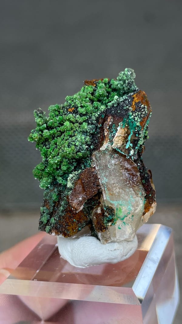 Grass-green conichalcite balls on quartz and matrix from Morocco, second angle
