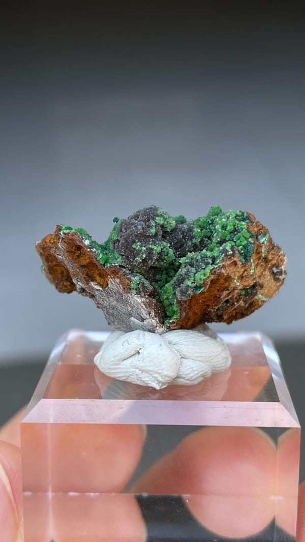 Grass-green botryoidal conichalcite crust on matrix from Morocco, detail of the matrix contact