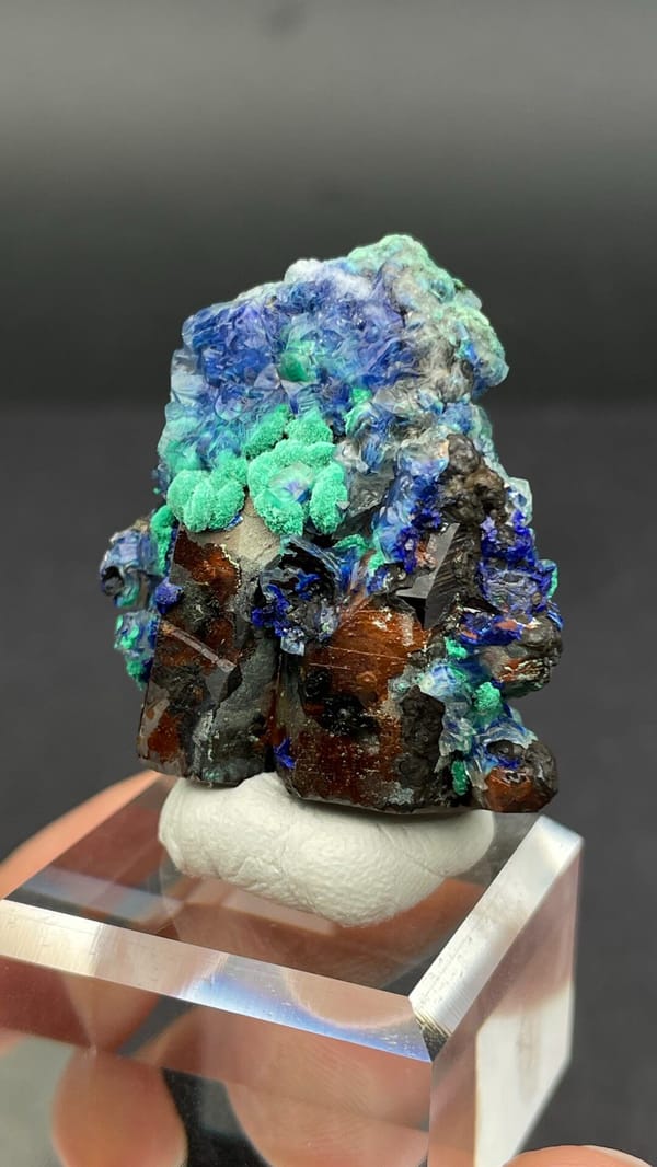 Blue azurite and green malachite rosettes on quartz from Morocco, second angle