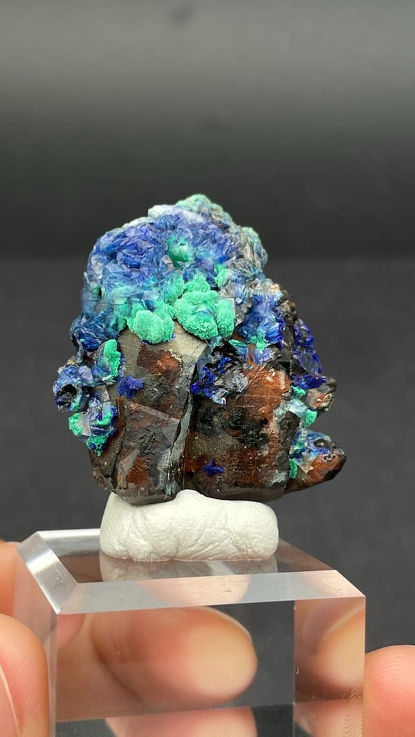 Blue azurite and green malachite rosettes on quartz from Morocco, reverse side