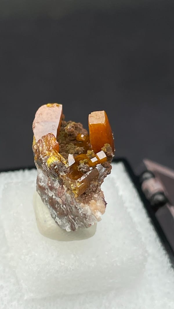 Bright orange wulfenite crystals on brown matrix from Mexico, in a display box, close-up of the crystal faces