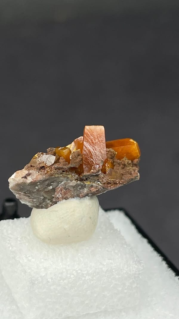 Bright orange wulfenite crystals on brown matrix from Mexico, in a display box, reverse side