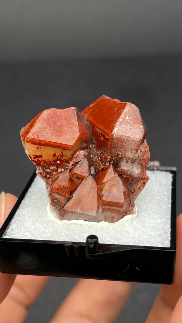 Deep red hematoid quartz crystals on matrix from Shanxi, China, in a perky box, top view