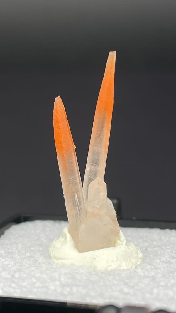Two slender orange-red hematoid quartz needles from Guangdong, China, in a perky box, reverse side