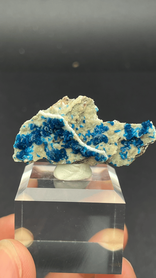 Deep blue veszelyite fan on cream matrix from Yunnan, China, on an acrylic stand