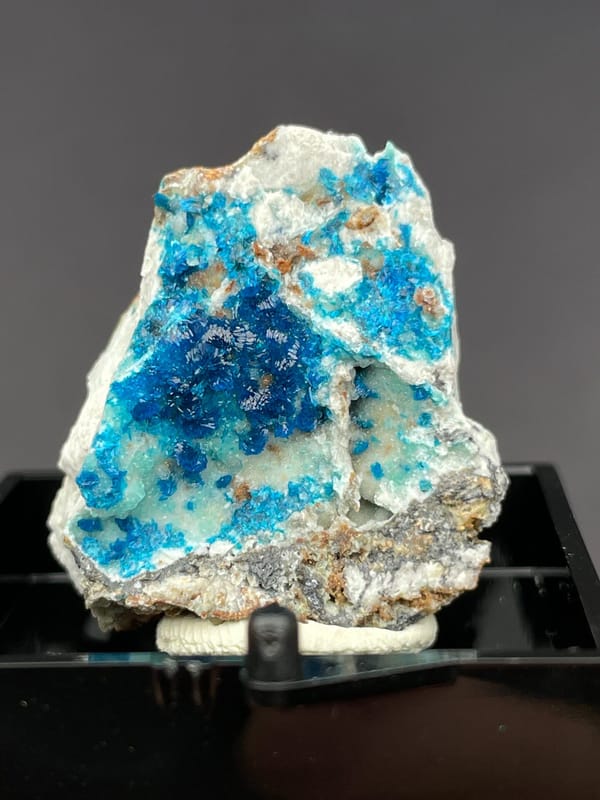 Electric blue veszelyite crust on pale matrix from Yunnan, China, in a display box, second angle