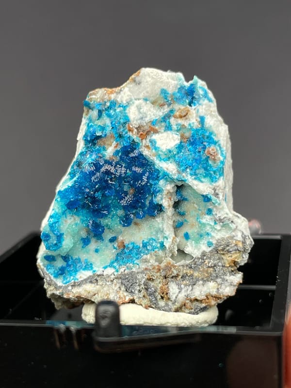 Electric blue veszelyite crust on pale matrix from Yunnan, China, in a display box, close-up of the crystal faces