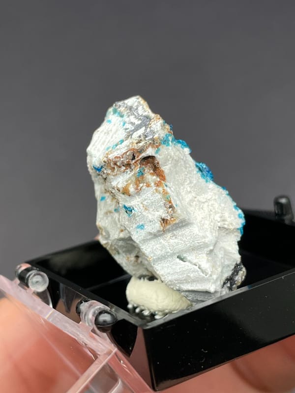 Electric blue veszelyite crust on pale matrix from Yunnan, China, in a display box, detail of the matrix contact