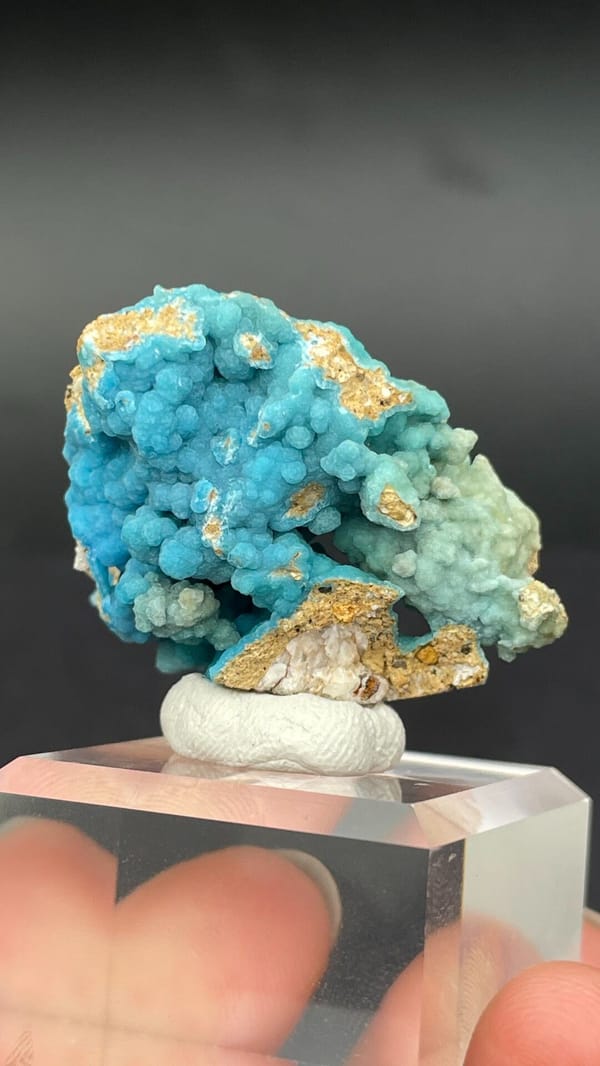 Turquoise botryoidal hemimorphite crust from Yunnan, China, on an acrylic stand, reverse side