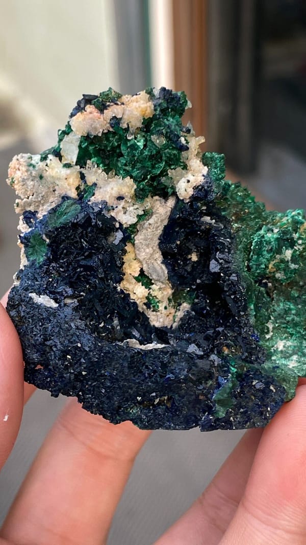 Deep blue azurite with green malachite pocket from Anhui, China, second angle