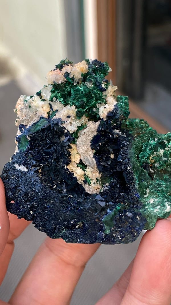 Deep blue azurite with green malachite pocket from Anhui, China, reverse side