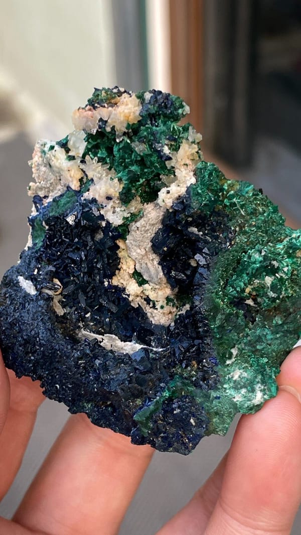 Deep blue azurite with green malachite pocket from Anhui, China, top view