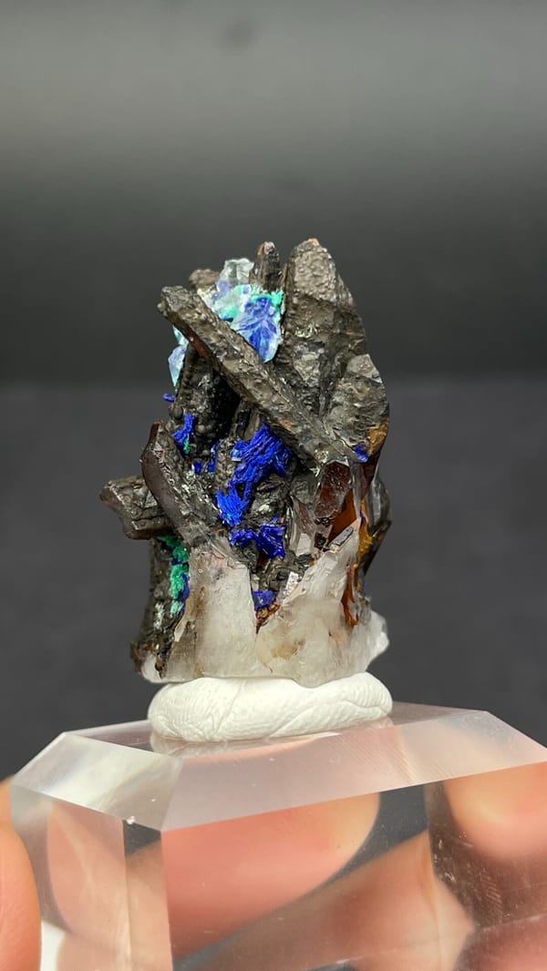 Blue azurite with green malachite sprays on matrix from Morocco, second angle
