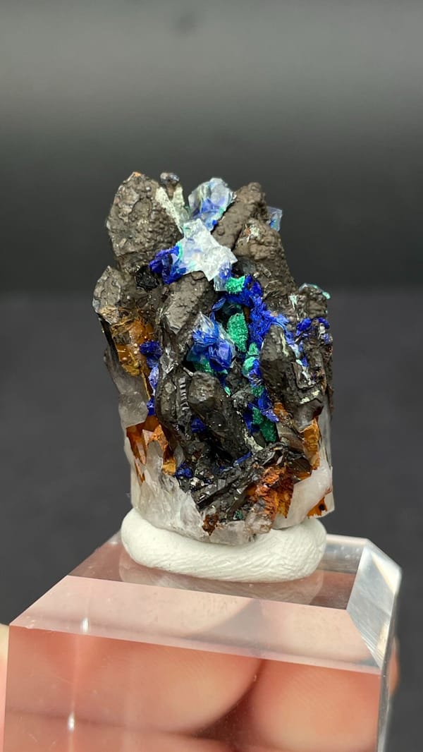 Blue azurite with green malachite sprays on matrix from Morocco, reverse side