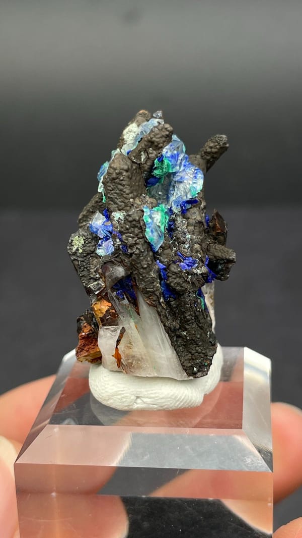 Blue azurite with green malachite sprays on matrix from Morocco, top view