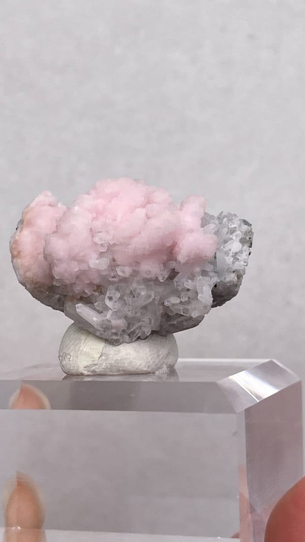 Pink botryoidal rhodochrosite cap on grey quartz from Romania, close-up of the crystal faces