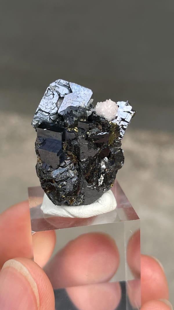 Metallic galena with chalcopyrite and pink rhodochrosite from Peru, on a stand