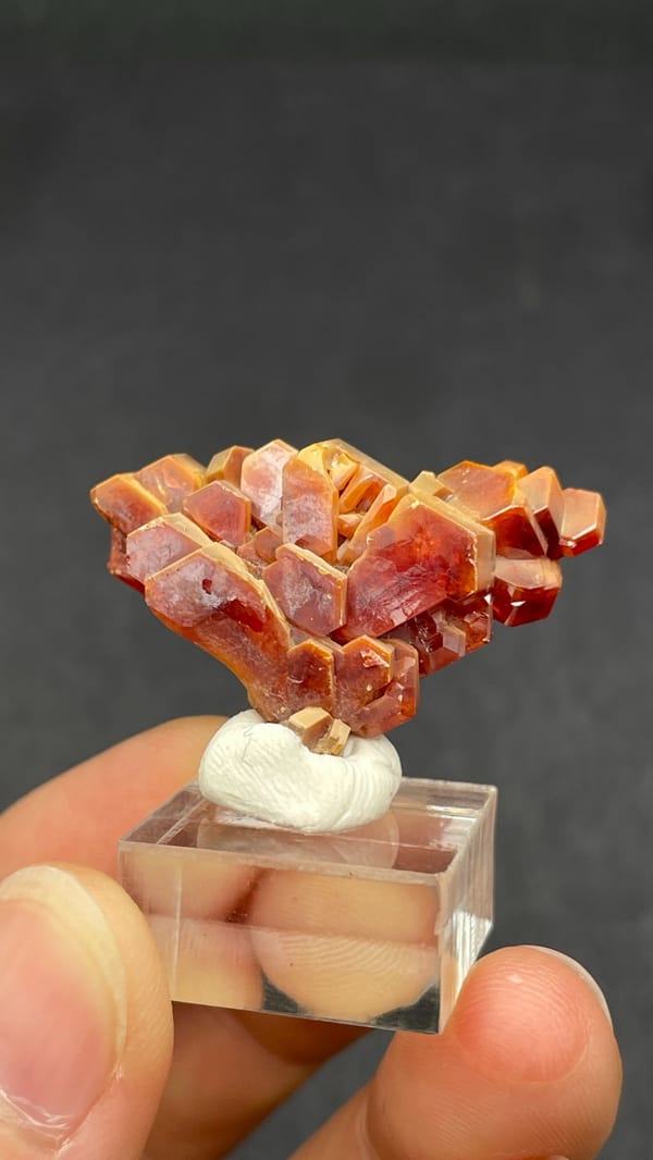 Branching deep red vanadinite crystal group from Morocco, on an acrylic stand, close-up of the crystal faces