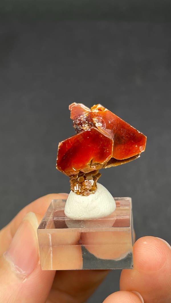 Dark red vanadinite crystal group from Morocco, on an acrylic stand