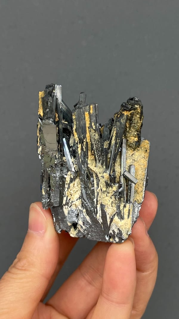 Radiating steel-grey stibnite blades from Yunnan, China, reverse side