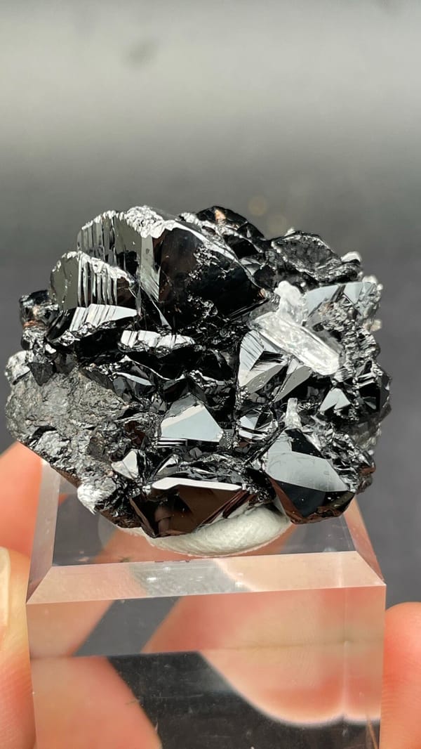 Black lustrous cassiterite with a clear quartz crystal from Xuebaoding, Sichuan, second angle