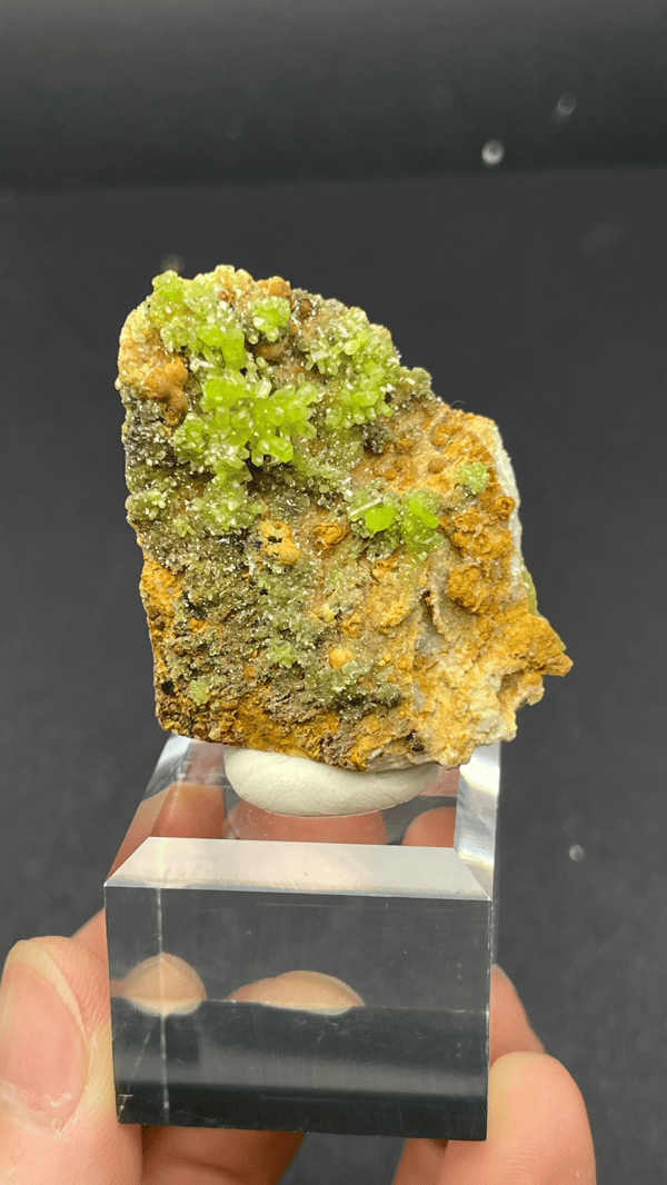 Yellow-green pyromorphite on ochre limonite matrix from Guangdong, China, held in hand
